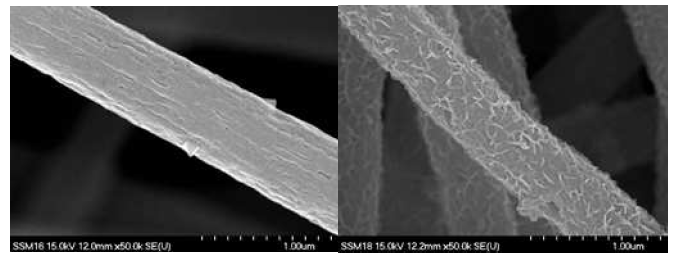 (a)와 (b)공정을 통해 제조된 CNF/WS2 섬유의 표면 비교