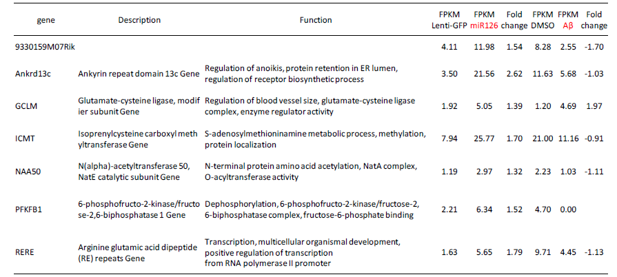AD 세포모델에서 miR126 과발현시에 발현변화가 조절되는 유전자 목록 (Noh et al., publication in preparation)