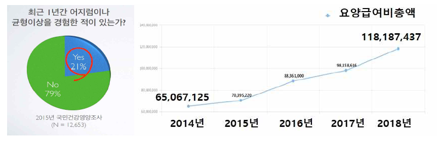 높은 어지럼 및 균형장애 유병율과 증가하는 의료비용(2010 – 2015 국민건강영양조사, 건강보험심사평가원)