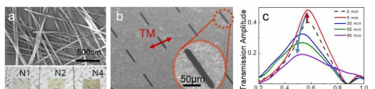 (a) AgNW 네트워크 박막 사진 (b) AgNW 플라즈모닉 소자 제작 (c) Post-processing(산처리)을 통한 플라즈모닉 소자 공명 조절