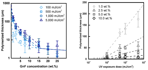 GnF 중량 혼합비에 따른 경화두께 모델(점선) 및 실험값(좌),자외선 조사량에 따른 경화두께 모델(점선) 및 실험값(우)