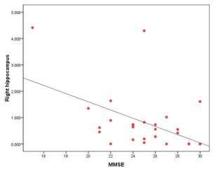 MMSE 와 hippocampus의 BBB투과도와의 상관관계