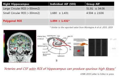 Hippocampus의 BBB투과도측정을 위한 최적의 ROI선정-population group AIF, superior sagittal sinus에서 추출한 개인의 AIF비교 및 크기 및 범위에 따른 서로 다른 ROI비교