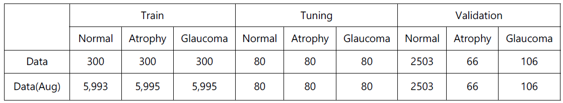 정상, 시신경 위축, 녹내장 자동 분류에 사용된 데이터