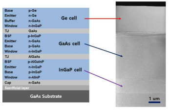 InGaP/GaAs/Ge 에피 역방향 성장 구조 및 TEM 이미지