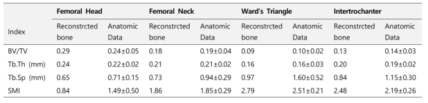 기 보고되었던 형태학적 지수와 제안 방법을 통해 재구성된 골격계 영상으로부터 계산된 형태학적 지수의 비교