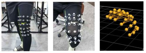 무릎 변형량 확인 실험에 사용된 마커와 3차원 동작분석