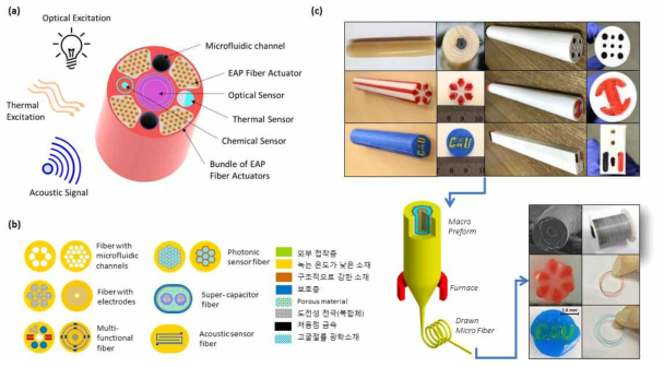 (a) 다기능 섬유탐침에 대한 개략도. 2개의 Microfluidic Channel과 광학, 열, 화학물질 감지 센서를 포함하며 4개의 섬유구동기 다발을 포함해 원하는 방향으로의 Sensing이 가능 (b) 다양한 기능과 형상의 섬유 단면 예시 (c) 제작된 Multimaterial 섬유의 Thermal Drawing 공정을 이용한 섬유 제작 결과