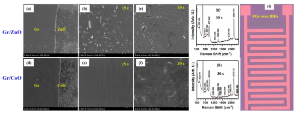 FESEM images of ZnO a(a-c) and CoO (d-f) deposited graphene layers over SiO2/Si substrates for the duration of (a) 15, (b) 30 s. (g and h) Raman spectra of functionalized graphene monolayers with ZnO and CoO in 30 s, respectively. (i) Photograph of functionalized graphene layers transferred over IDEs, i.e., basic device configuration of future sensor devices