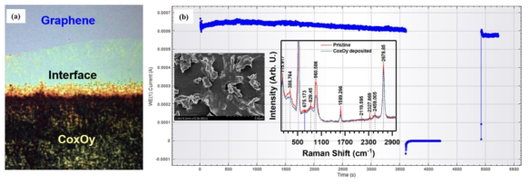Catalytic devices using CoO functionalized graphene layers: (a) Optical microscopic images of CoO deposited graphene monolayers transferred over SiO2/Si substrates, and (b) Catalytic performance of the structures with time in 0.1 M KOH electrolyte solution at a applied bias-voltage of 1.0 V (insets show the FESEM image and Raman spectrum of CoO films deposited graphene monolayers)