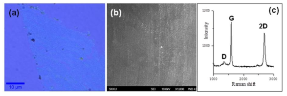 (a) Optical microscopy image, (b) SEM image, and (c) Raman spectrum of graphene monolayers grown on copper foil using benzene as a precursor