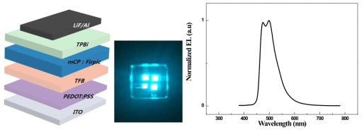 용액 공정을 적용한 청색인광 OLED 소자 구조 및 발광 사진