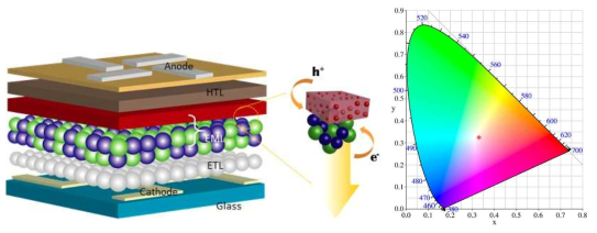 inverted 백색 QD-OLED hybrid EL 소자 구조 및 CIE 그래프