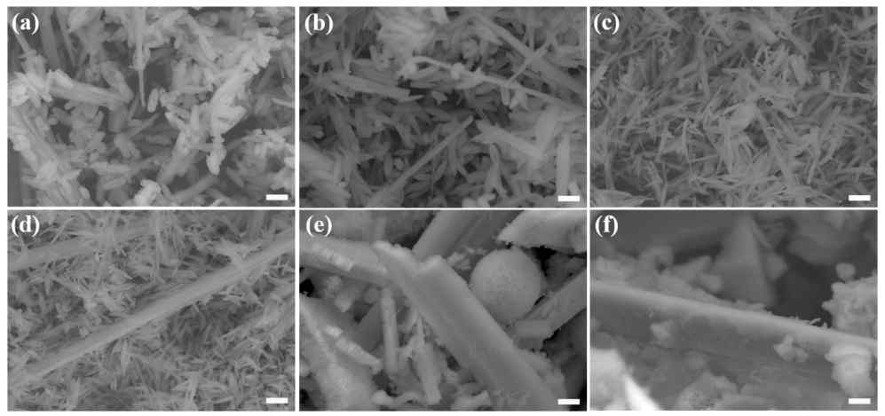 SEM images of β-Ga2O3 nanostructures with (a) Sn 0 at.%, (b) Sn 0.7 at.%, (c) Sn 2.2 at.%, (d) Sn 2.9 at.%, (e) Sn 3.2 at.%, and (f) Sn 7.3 at.%. After hydrothermal synthesis, the nanostructures were calcined at 1000°C for 6 h. (Scale bar: 1 μm)