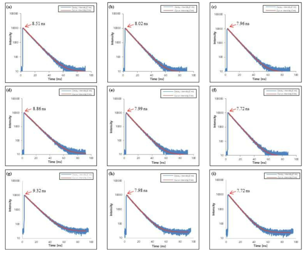 포르피린-POSS 유도체의 time-resolved fluorescence decay profiles (a) o- porphyrin-POSS 1, (b) m- porphyrin-POSS 1, (c) p- porphyrin-POSS 1, (d) o- porphyrin-POSS 2, (e) m- porphyrin-POSS 2, (f) p- porphyrin-POSS 2, (g) o- porphyrin-POSS 3, (h) m- porphyrin-POSS 3, (i) p- porphyrin-POSS 3