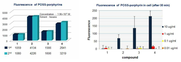 합성된 포르피린-POSS 물질 자체의 형광과 포르피린-POSS 물질 세포 투입 30분 후 세포 내에서의 포르피린 -POSS 물질의 형광 비교