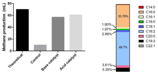 (좌) 이론 대비 메탄 생성량 (mL) (우)생산된 biodiesel의 구성