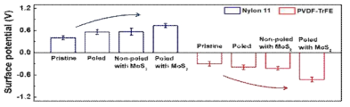 KPFM으로 측정된 MoS2-PVDF 음대전체/Nylon 11 양대전체 폴리머 마찰발전 대전체 전위분포
