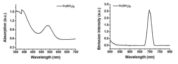 Ruthenium 용액의 파장에 따른 흡수도 분석 (좌). 발광 분석(우)