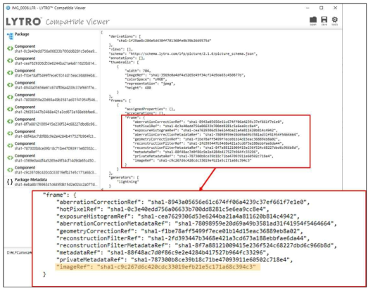 Lytro compatible viewer로 LFR 파일을 불러온 모습. 음영으로 표시한 부분은 LFR 파일에 포함되어 있는, raw 이미지에 해당하는 해시 함수를 가리킨다