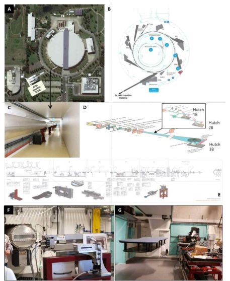 호주방사광가속기(Australian Synchrotron)와 IMBL (Imaging and Medical Beamline) A: 호주방 사광가속기와 IMBL 건물 위성사진, B: IMBL 포함한 각 빔라인 구성 모식도, C: IMBL로 이어지는 빔전달 듀브 – 지하에 설치됨, D: IMBL, Hutch 1, 2, 3 위치와 빔크기 모식도, E: IMBL 상세 설계도, F & G: Hutch 3 내부 사진, 빔입사 창(500 mm X 100 mm) (F), 회전과 위치이동 가능한 환자용 베드(탄소섬유 재질)와 검출기(detector) (G), 표본과 Detector 사이 최대 6 m