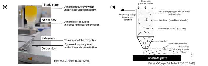 (a) 3D 프린팅 공정에서의 레올로지 특성 평가, (b) 3D 디스펜서 프린팅 공정 모식도