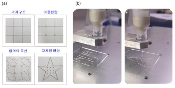 (a) 3D 디스펜서 프린팅 공정과 이종소재를 통해 제작된 패턴 (b) 3D 디스펜서 프린팅 공정 과정