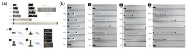 (a) rectangular serpentine 형상 키리가미 구조체에 stacked 오리가미 적용 방식 (인장방향 stacked 오리가미 접근법과 인장 수직방향 stacked 오리가미 접근법 비교) (b) 인장 수직방향 stacked 오리가미 적용시 레이어 개수별 키리가미 구조체 인장 양상 비교 광학 사진