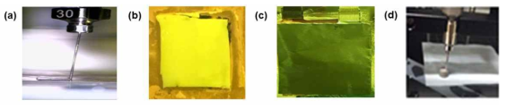 (a) 3D 디스펜서 프린팅 (b) 고점도 고분자 전해질 (c) 전도성 카본소재, (d) Ag paste의 적층 프린팅