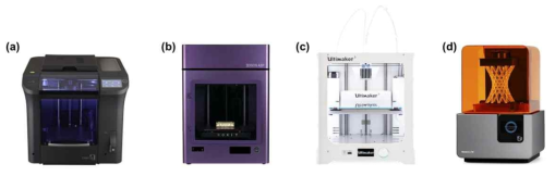 본 연구진이 보유하고 있는 3D 프린터 (a-c) FDM 방식 (d) SLA 방식