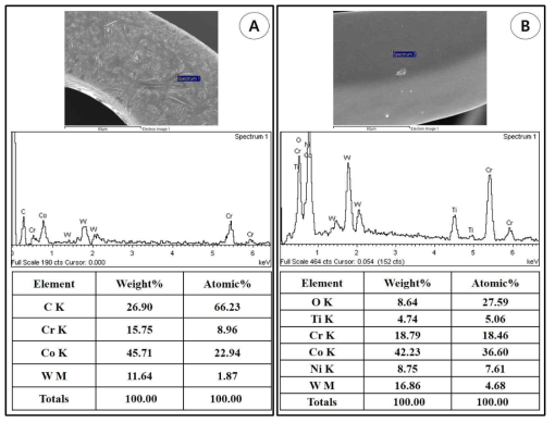 비폴리머 mycophenolic acid 용출 스텐트(A) 와 mycophenolic acid 코팅 전의 titanium film 만 코팅된 스텐트(B) 의 EDS 결과