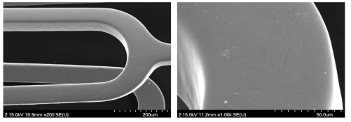 전자 현미경을 이용한 Nitrogen-doped titanium dioxide film 코팅 스텐트 사진 (좌: X200, 우: X1,000). 스텐트의 코팅이 균일하게 되어있음을 확인할 수 있음