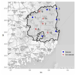 선정된 강우관측소 위치(저밀도)