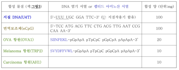 지질DNA, 항원, 면역보조제 확보량 (C57BL/6 마우스에 항원펩티드 기준 20 μg 사용). 소문자 p는 인산기가 아닌 펩티드(아마이드)결합으로 핵산염기가 연결된 PNA 서열을 의미함