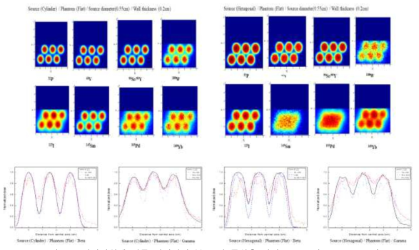 방사선원에 따른 방사선량 분포 및 중심축 선량 profile (flat phantom)