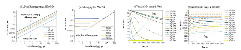 Changes in variables over time in the water body and the sediments: (a) Velocities by sedimentation and flotation of MPs of homo-aggregates by various sizes of MPs in the water body, (b) Sedimentation velocities of hetero-aggregates by various size of MPs in the water body, (c) Changes in the concentration of MPs over time in the water body, and (d) Changes in the concentration of MPs over time in the sediments