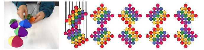 (좌) 다양한 색상의 부품을 조합하여 모듈을 조립하는 모습 (우) 두 단, 49개 픽셀로 확장된 Spinning Pixels 예시