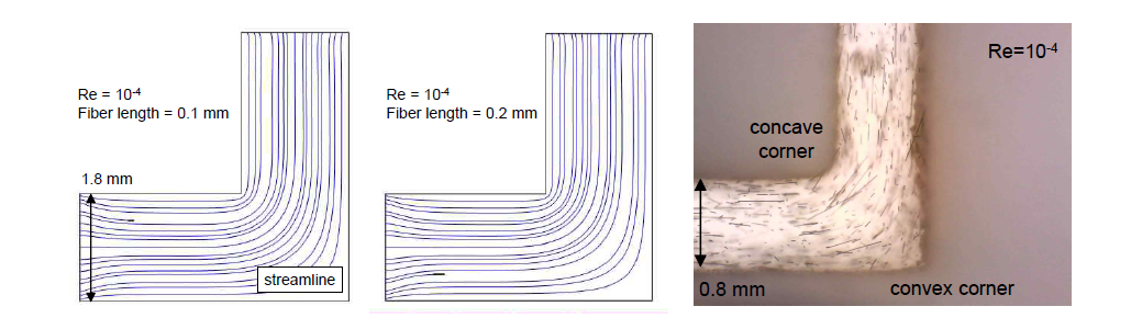 전산유체해석을 통한 유동장 내부 섬유의 길이에 따른 각도 변화 계산 및 유동가시화 이미지와 비교 분석
