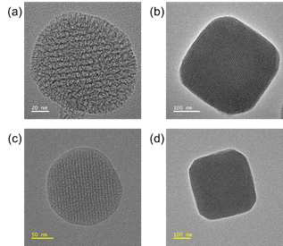 서로 다른 공단량체 및 촉매 사용에 따른 오가노실리카 기반 나노입자의 TEM 사진 (a) DMDES, 3 mL, (b) DMDES, 5 mL, (c) BTES, 3 mL, and (d) BTES, 5 mL