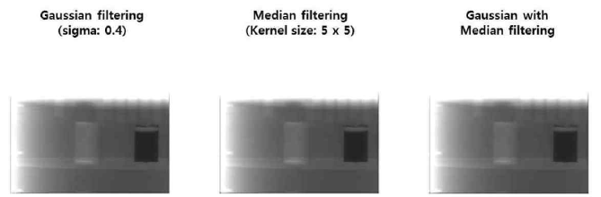 투영 영상의 노이즈를 추가적으로 저감하기 위해 가우시안 필터링 (Gaussian filtering) 및 중간 값 필터링 (Median filtering) 기법을 적용한 영상