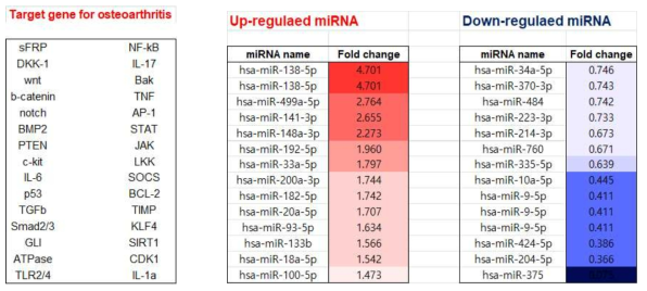 섬유연골화 조절 인자를 표적하는 miRNA목록 및 발현 변화량