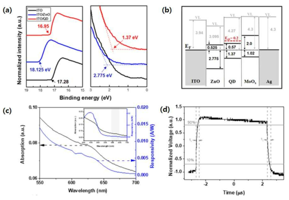(a) ZnO와 QD의 Ultravioet Photoelectron Spectroscopy(UPS) 결과와 (b) UPS 결과를 바탕으로한 양자점 포토다이오드의 Band alignment. (c) 양자점 포토다이오드의 Responsivity와 양자점의 흡수 그래프. (d) 양자점 포토다이오드의 시간 응답 특성 그래프