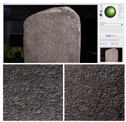 (위) RTI 뷰어에서 확인한 충주고구려비 RTI 데이터; (아래) 왼쪽부터 Specular Enhancement, Diffuse Gain 모드로 렌더링한 결과