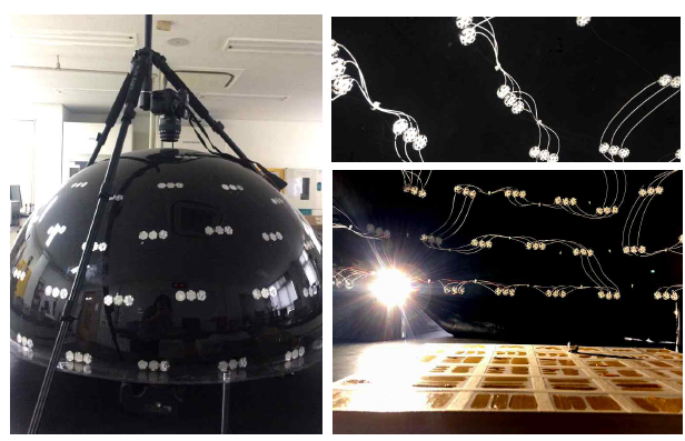 본 연구과제에서 설계, 제작한 돔 RTI시스템. (왼쪽) 카메라가 세팅된 돔 RTI시스템; (오른쪽 위) 돔 내부에 부착된 LED; (오른쪽 아래) LED가 하나씩 순차적으로 점등되며 대상을 촬영하는 모습