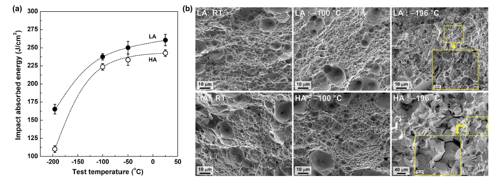(a) Fe-12Mn-0.06C-3Al강의 오스테나이징 온도 (LA:850도, HA:1100도)에 따른 다양한 온도에서의 충격 실험. (b) 충격 시험 이후 파단된 시편의 시험 온도에 따른 파단면 분석