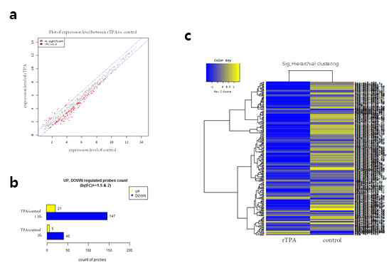 Data analysis. (a) Scatter plot of expression level: 2개의 그룹의 expression level을 scatter plt으로 나타냄.(X축:Control, Y축: rTPA) (b) Barplot-significant miRNAs: fold change, statistical test p-value를 기준으로 up, down인 miRNA의 개수를 나타냄. (c) Cluster analysis-Hierarchical clustering heatmap: 각 샘플의 miRNA의 변화를 Hierarchical clustering (Euclidean Method, Complete Linkage)을 통하여 그룹화 함