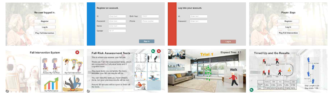 Software interface of the main screen. From upper left to lower right: main screen, registration, login, after login, assessing fall risks and intervention, multifactorial fall risk assessment tests, a representative subtest S-TUG, and test results