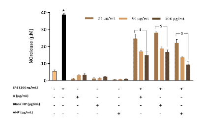 NO inhibitory effects of A, blank NP and ANP in LPS stimulated BV-2 microglial cells. BV-2 cells were incubated with the described concentrations of drugs for 1h before LPS induction and incubated for 24 h prior to the assay