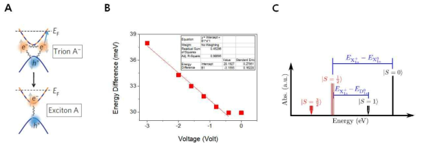 (A) 엑시톤-Trion의 에너지 차이 (B) 인가되는 전압과 엑시톤-Trion 에너차 변화 (C) 엑시톤과 Trion의 스핀 구조