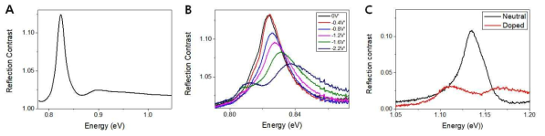 (A) Trilayer phosphorene의 흡수 스펙트럼 (B) Gate-dependent Trilayer phosphorene 흡수 스펙트럼 (C) Graphene이 적층된 Bilayer phosphorene의 1s Exciton과 Trion 구조